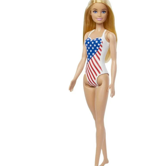 Barbie Doll with Beach Theme in American Flag Stars and Stripes Swimsuit NEW - Picture 1 of 6